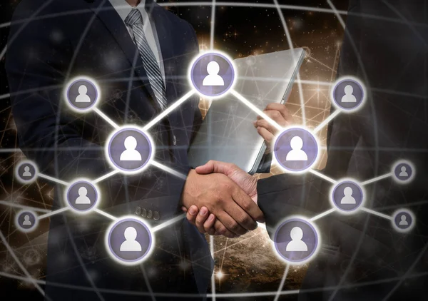Obchodní handshake symbolem sociální média — Stock fotografie