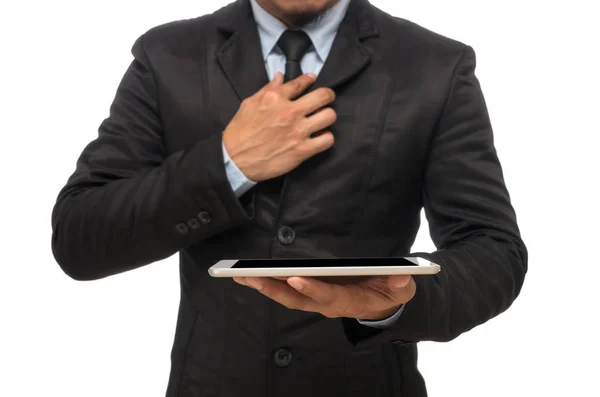 Podnikatel, drží tabletu — Stock fotografie