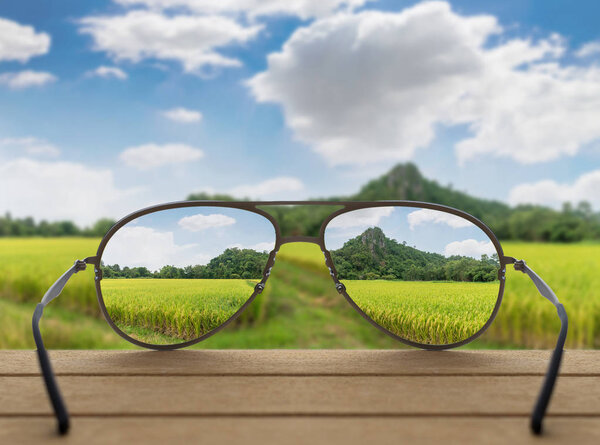 Landscape focused in glasses lenses 