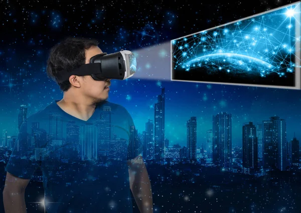 Asian man wearing virtual reality