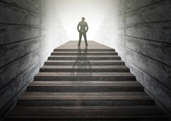 Businessman climbed on top of the stairs — Stock Photo, Image