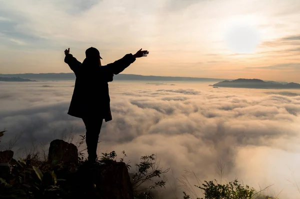 Silhouette of woman who showing hands — Stock Photo, Image