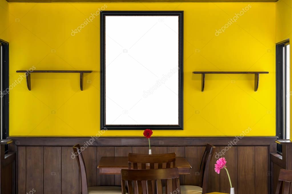 Luxury restaurant set with yellow color wall with big photo frame, decirate concept