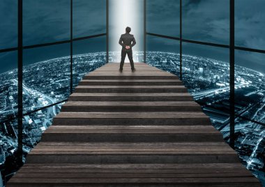 Businessman climbed on top of the stairs  clipart