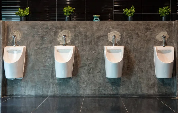 Rad med Urinal på mannlig toalett – stockfoto