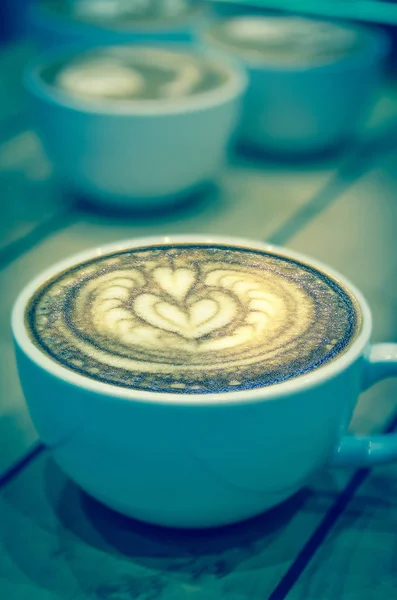 Top View Coffee Cup Set Which Consist Latte Art Capuchino Stock