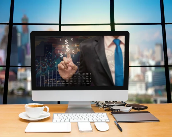 Desktop with Businessman pushing on money sign — Stock Photo, Image