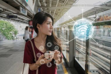Asyalı kadın yolcu Smartphone kullanarak 