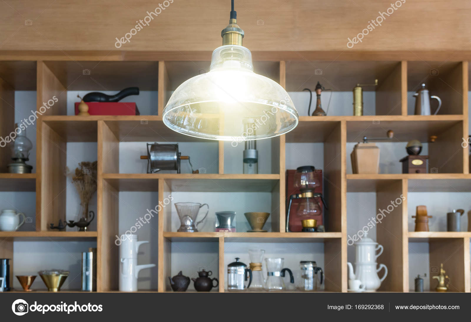 Coffee shop accessories in shelf Stock Photo by ©Tzido 169292368