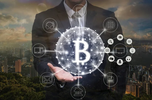 Businessman hand holding the bitcoins text — Stock Photo, Image