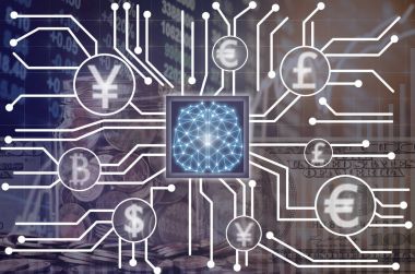 Fintech bağlantı ve yapay zeka beyin teknolojisi üzerinden borsa Döviz veri gösterilen cryptocurrency veya dijital para, Fintech ve AI kavramı arka plan, soyut fotoğraf