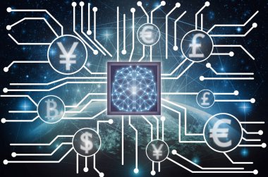 Fintech bağlantı ve yapay zeka beyin teknolojisi ağ hattı yıldız ve süt geliyor, Nasa tarafından döşenmiş bu görüntü unsurları ile toprak parçası üzerinde soyut fotoğraf