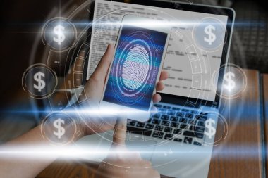 El parmak basarak tarama technolog simgesi ile akıllı telefon için kilidini ekranın para birimi dolar simgesi ve dijital ekran, iş ve teknoloji kavramı, Fintech ve AI kavramı üzerinde