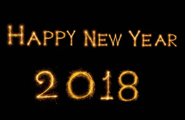 Ευτυχισμένο Νέο Έτος 2018 Γραμμένο Λάμψη Πυροτέχνημα Πυροτεχνήματα Σκούρο Φόντο — Φωτογραφία Αρχείου