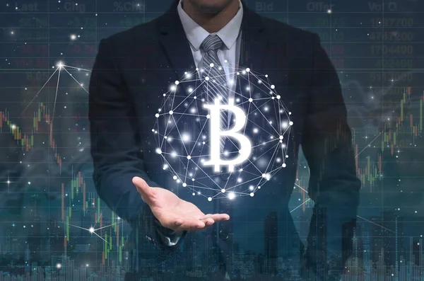 Empresario Mano Sosteniendo Texto Bitcoins Tecnología Financiera Conexión Fintech Sobre — Foto de Stock