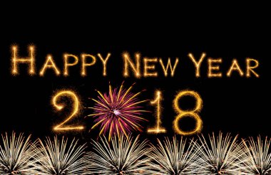 Mutlu yeni yıl 2018 üzerinde havai fişek koyu arka plan, kutlama ve tebrik kartları konsepti ile ışıltı havai fişek ile yazılı