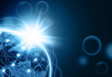 Ağ çizgi ve nokta ve yıldız ve koyu arka plan üzerinde Internet ağ kavramı ile toprak parçası