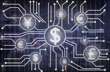Fintech bağlantısı üzerinden ticaret grafik üzerinde gece arka plan, cryptocurrency veya dijital para gösterilen iş finansal kavramı, cityscape soyut fotoğraf