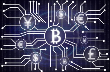 Fintech bağlantısı üzerinden teknoloji ve dijital numarası karanlık görüntü arka plan üzerinde gösterilen cryptocurrency veya dijital para, Fintech kavramı soyut fotoğraf