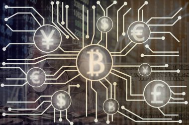 Fintech bağlantısı üzerinden altın sikke yığını ve Amerikan Doları para Led ekranda gösterilen cryptocurrency veya dijital para borsa Döviz veri arka plan, soyut fotoğraf
