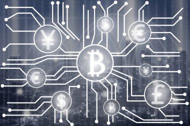 Fintech bağlantısı üzerinden ticaret grafik üzerinde gece arka plan, cryptocurrency veya dijital para gösterilen iş finansal kavramı, cityscape soyut fotoğraf