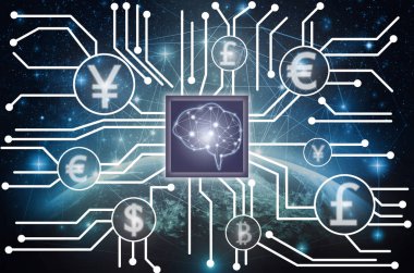 Fintech bağlantı ve yapay zeka beyin teknolojisi ağ hattı yıldız ve süt geliyor, Nasa tarafından döşenmiş bu görüntü unsurları ile toprak parçası üzerinde soyut fotoğraf