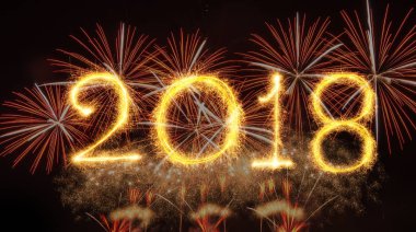 havai fişek koyu arka plan, mutlu yeni yıl kutlama ve tebrik kartları kavram üzerinde ışıltı havai fişek ile yazılı 2018