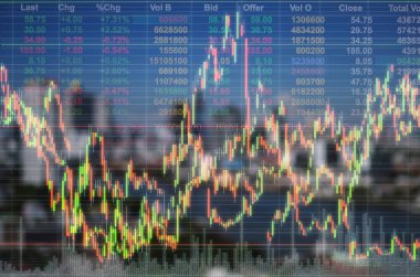 Borsa bilgi alışverişi ve gece arka plan, iş kavramı ticaret, cityscape grafikte ticaret
