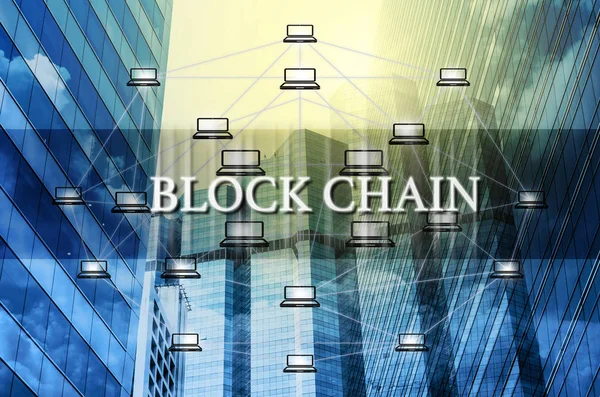 Block chain Text and Distributed computer network over the Modern business building glass of skyscrapers, Distributed ledger technology concept, Block chain Technology trend concept