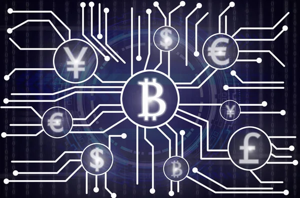Fintech bağlantısı üzerinden teknoloji ve dijital numarası karanlık görüntü arka plan üzerinde gösterilen cryptocurrency veya dijital para, Fintech kavramı soyut fotoğraf