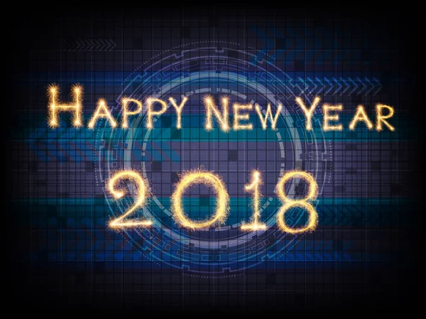 Happy new year 2018 written with Sparkle firework over the abstract photo of Innovation Technology and connection shape with bokeh blurred background, celebrate with greeting cards concept