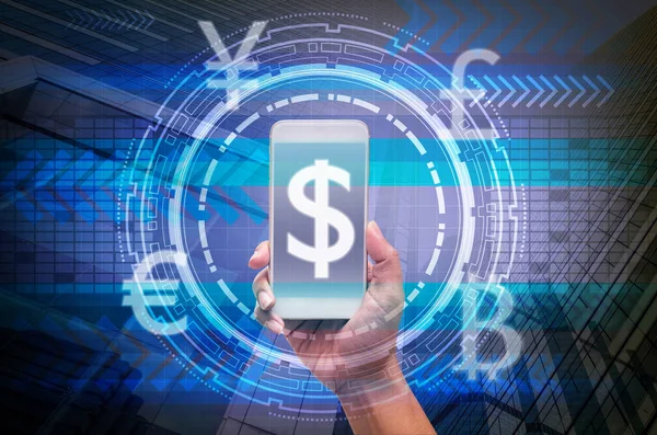 Держа Смартфон Показывающий Финансовые Технологии Fintech Над Инновационной Технологией Виртуальный — стоковое фото