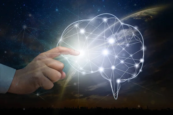 Hand touching the technology brain over the Part of earth with sun rise over the Milky Way and cityscape background