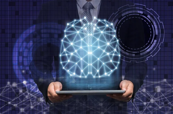 Empresário Segurando Tablet Mostrando Cérebro Sobre Fundo Tecnologia Inovação Tecnologia — Fotografia de Stock
