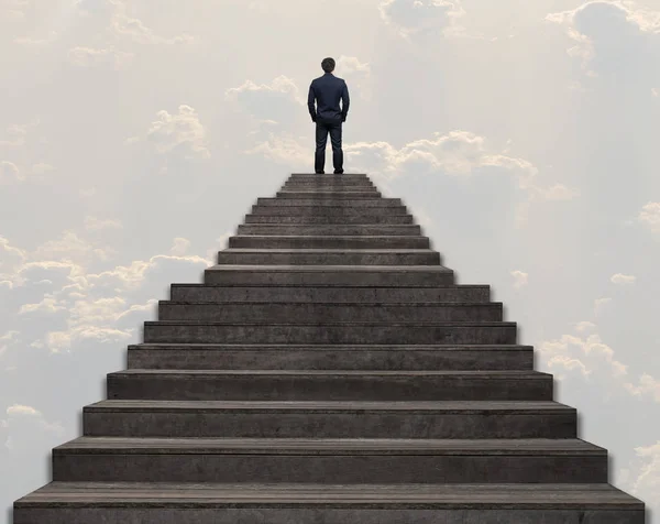 Businessman Standing Walking Stairs Cloud Sky Background Success Business Ambitions — Stock Photo, Image