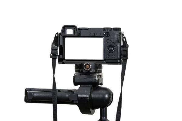 Câmera Sem Espelho Digital Profissional Tripé Fundo Branco Câmera Para — Fotografia de Stock