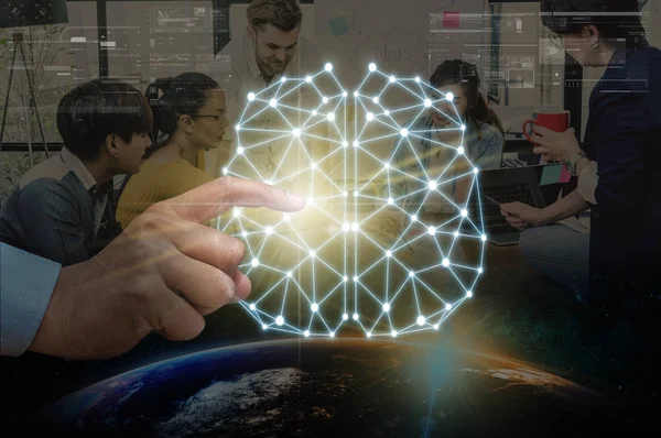 Hand Touching Technology Brain Group Business People Working Brainstorming Earth — Stock Photo, Image