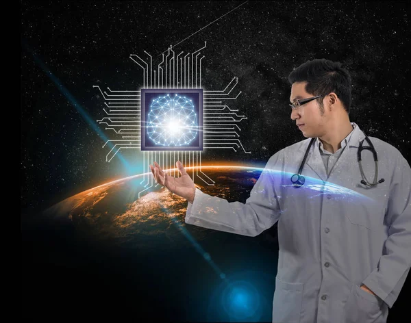 Asian Doctor with the stethoscope equipment hand holding the Artificial intelligence of brain technology over Part of earth over the Milky Way background, Elements of this image furnished by NASA