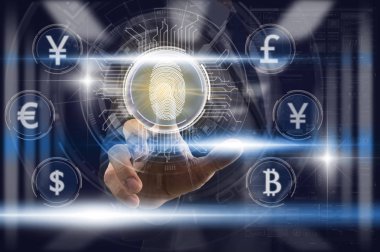 İşadamı parmak izi tarama desteği güvenlik erişimi Biyometrik kimlik bitcoin ve para birimi dolar simgesi, iş teknolojisi sceurity ve Fintech ve cryptocurrency kavramı ile.