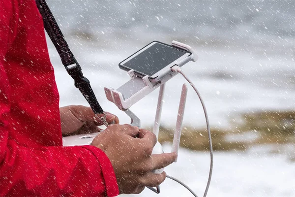 Closeup Photographer Hand Controling Drone Seascape Uttakleiv Beach Winter Lototen — Stock Photo, Image