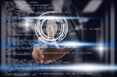 İşadamı parmak izi inceden inceye gözden geçirmek ile Biyometrik kimlik bulanık kodlama arka plan, iş teknolojisi sceurity kavramı üzerinden destek güvenlik erişimi için.