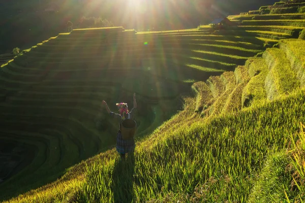 Ongedefinieerde Vietnamese Hmong Kinderen Hand Rijstvelden Tonen Wanneer Zonsondergang Tijd — Stockfoto