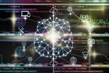 Bir yapay zeka poligonal beyin şekli ile çeşitli simge akıllı şehir Internet şeyler teknolojisi Cryptocurrency Bitcoin üzerinden Döviz Ticaret ekran, AI ve iş çok kavramı