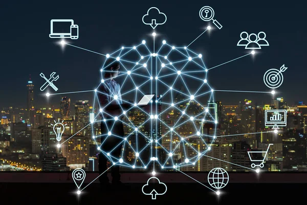 Полігональна Форма Мозку Штучного Інтелекту Різними Значками Розумного Міста Технології — стокове фото