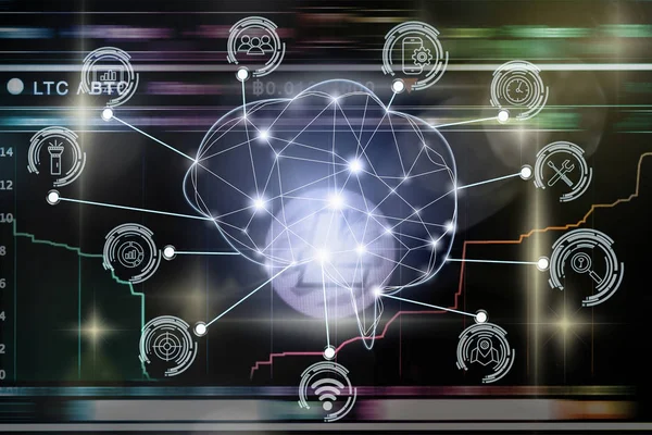 Forma Cerebral Poligonal Una Inteligencia Artificial Con Varios Iconos Ciudad —  Fotos de Stock