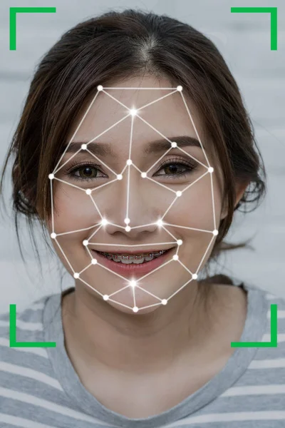 Riconoscimento Riconoscimento Facciale Donna Verifica Biometrica Visione Artificiale Concetto Intelligenza — Foto Stock