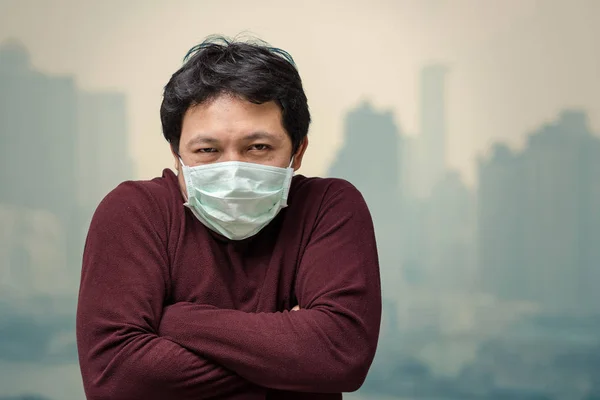 Asian Man Wearing Face Mask Air Pollution Cold Balcony High — Stock Photo, Image