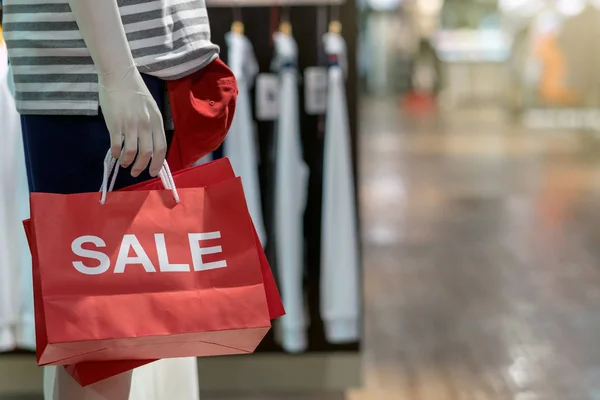 Del Manliga Skyltdockan Klädd Casual Kläder Håller Försäljning Shopping Papperskasse — Stockfoto