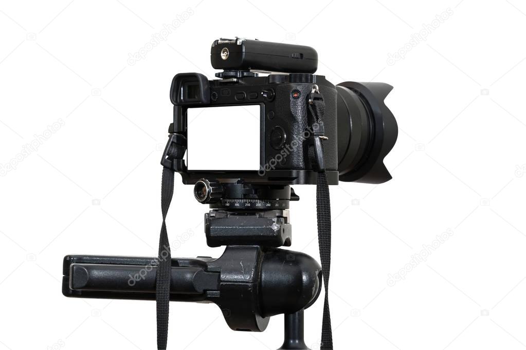 Professional digital mirrorless camera on tripod on white background, Camera for photographer or Video, Live Streaming equipment concept, include clipping path