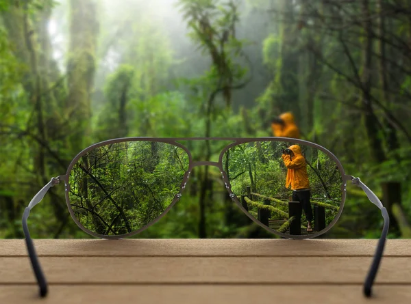 Conceptual image of rain forest focused in glasses lenses over the photo blurred of Traveller taking photo at Beautiful rain forest